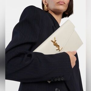 Yves Saint Laurent Ivory Leather Monogram Clutch with Gold Hardware